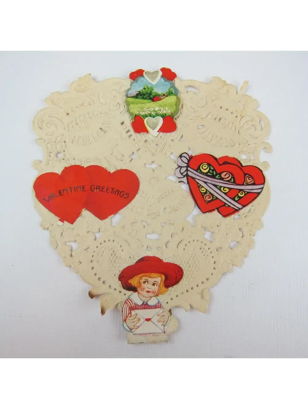 3 Vintage Valentine Ephemera Boy Swing Fence Doves Blue Flowers Paper Lace Heart